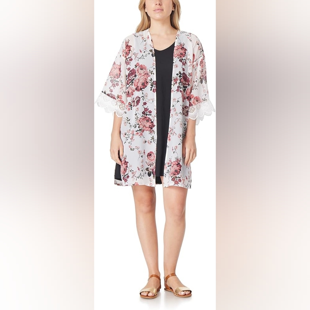 Wallflower Women's Kimono Medium White Purple Yellow New Floral Lace Flowy Boho
